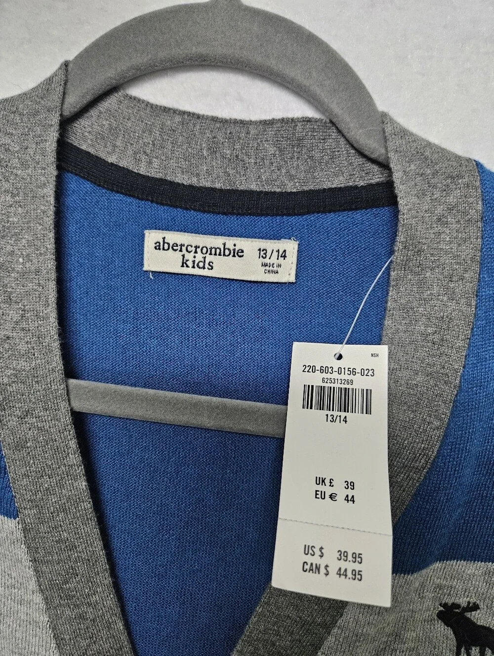 Abercrombie & Fitch Kids Blue Grey Color-block Cardigan 0Sweater Moose Logo NWT